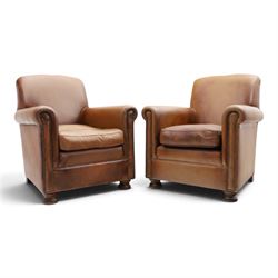 Pair of brown faux leather tub armchairs, scrolled arms with studded detail, turned front feet