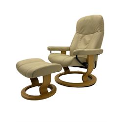 Ekornes - Stressless armchair upholstered in cream leather with matching footstool 