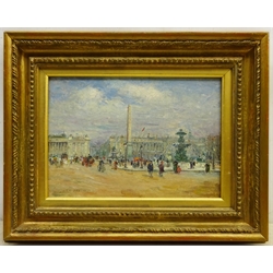 Circle of Jean François Raffaëlli (French 1850–1924): Place de la Concorde Paris, oil on mahogany panel signed 18.5cm x 26.5cm