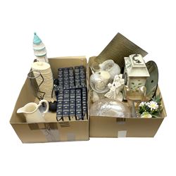 Quantity of glassware and ceramics to include Royal Doulton 'Sisters' matte black figure, vases, clock, and a quantity of Penguin books etc in two boxes