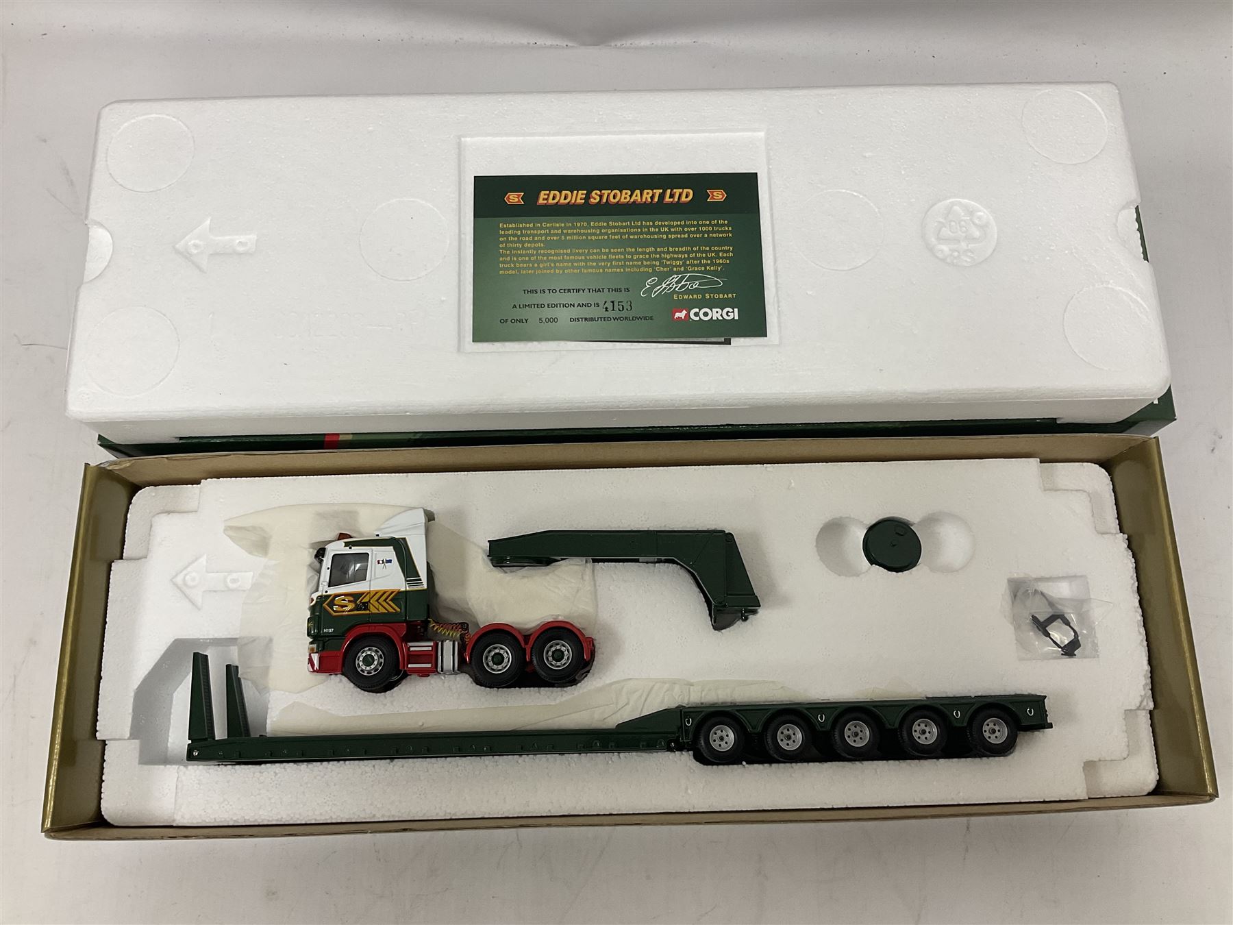 Corgi Eddie Stobart - five limited edition heavy haulage vehicles comprising CC12203 Scania Low Loader; CC12936 Scania Topline Curtainside Trailer; CC13801 Mercedes-Benz Actros Fridge Trailer; CC13415 MAN TGA XXL Curtainside; and CC14002 Volvo FH Curtainside; all boxed (5)