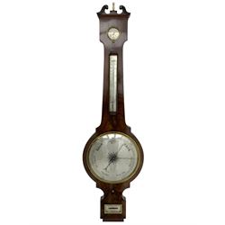 D Luvate of Preston - early Victorian mahogany mercury wheel barometer c1840, with a swan’s neck pediment and cavetto moulded square base, 8-inch silvered register calibrated in inches with a decorative star engraved centre, cast brass bezel and convex glass, with a steel indicating hand and brass recording hand, beneath a bowfronted Fahrenheit scale thermometer and hygrometer, rectangular spirit level signed D LUVATE, PRESTON.
Lacking recording hand button.
H109
Dominic Luvate is recorded as working as a barometer and looking glass maker in Friargate, Preston 1820-45
