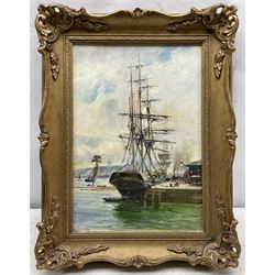 Charles James Lauder (Scottish 1841-1920): Tall Ship at the Quayside, oil on canvas laid on to board signed 34cm x 23cm