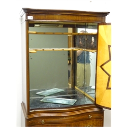  20th century figured walnut serpentine cocktail cabinet, cupboard door enclosing fitted interior, single slide above three drawers, shaped bracket supports, W64cm, H164cm, D39cm  