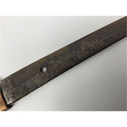 WW2 Japanese Army officer's shin gunto/katana sword with 68.5cm steel single edged blade, foliate cast brass tsuba, bound fish-skin grip with brass mounts, inscribed marks to both sides of tang; in lacquered wooden scabbard with brass mounts and locking button L97cm overall