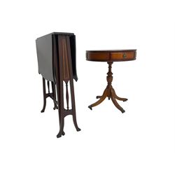 Edwardian inlaid mahogany drop leaf Sutherland table (W56cm H71cm); Georgian design yew wood side table, fitted with two drawers (W50cm H60cm)