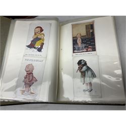 Five albums containing a large quantity of Edwardian and later postcards, predominantly topographical, mostly printed but some real photographic including street scenes, George Studdy 'Bonzo', WW1 soldiers and Lord Kitchener, portraits and groups, novelty pull-outs, shipping, comic, Mabel Lucie Attwell etc (5)