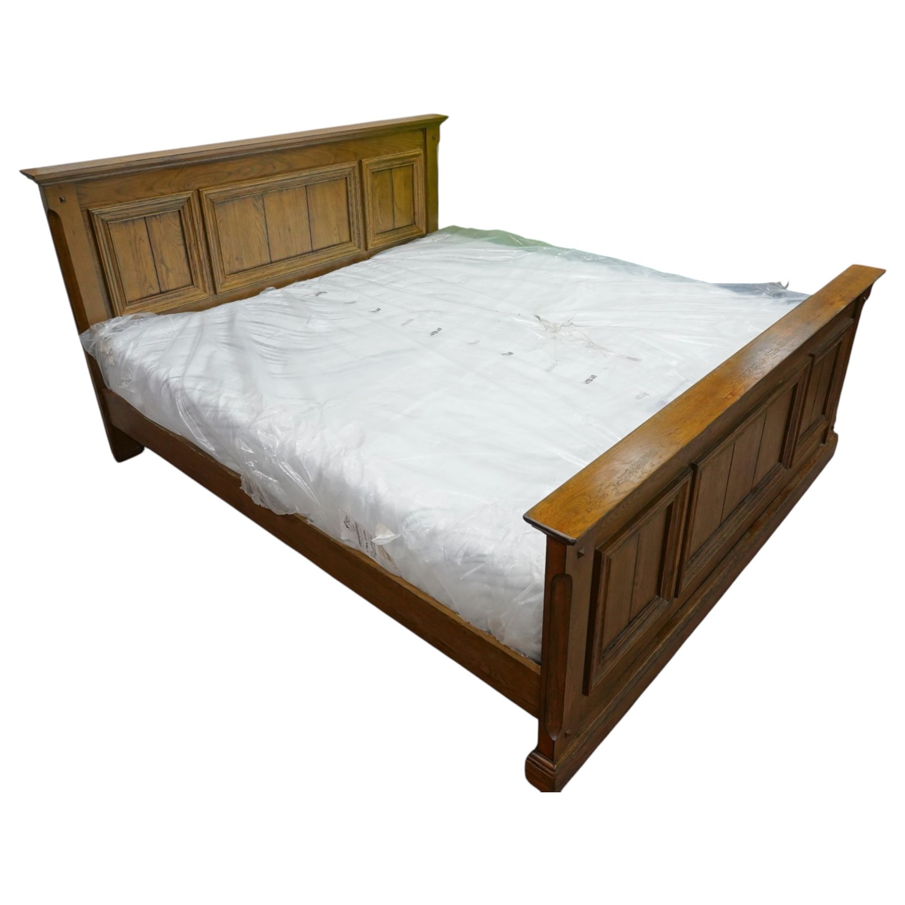 Contemporary oak superking sized bed and unused mattress, panelled headboard and footboard, with slats and superking William Night 'Rock Firm' mattress  