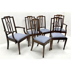 Set six (4+2) Edwardian inlaid mahogany framed dining chairs, upholstered seat, square tapering supports on spade feet 
