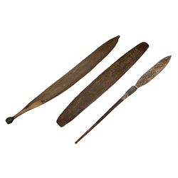 Australian Aboriginal shield, carved with Kangaroo and Emu, 74.5cm; Spear painted with aquatic creatures 78cm, and Spear thrower 81cm (3)