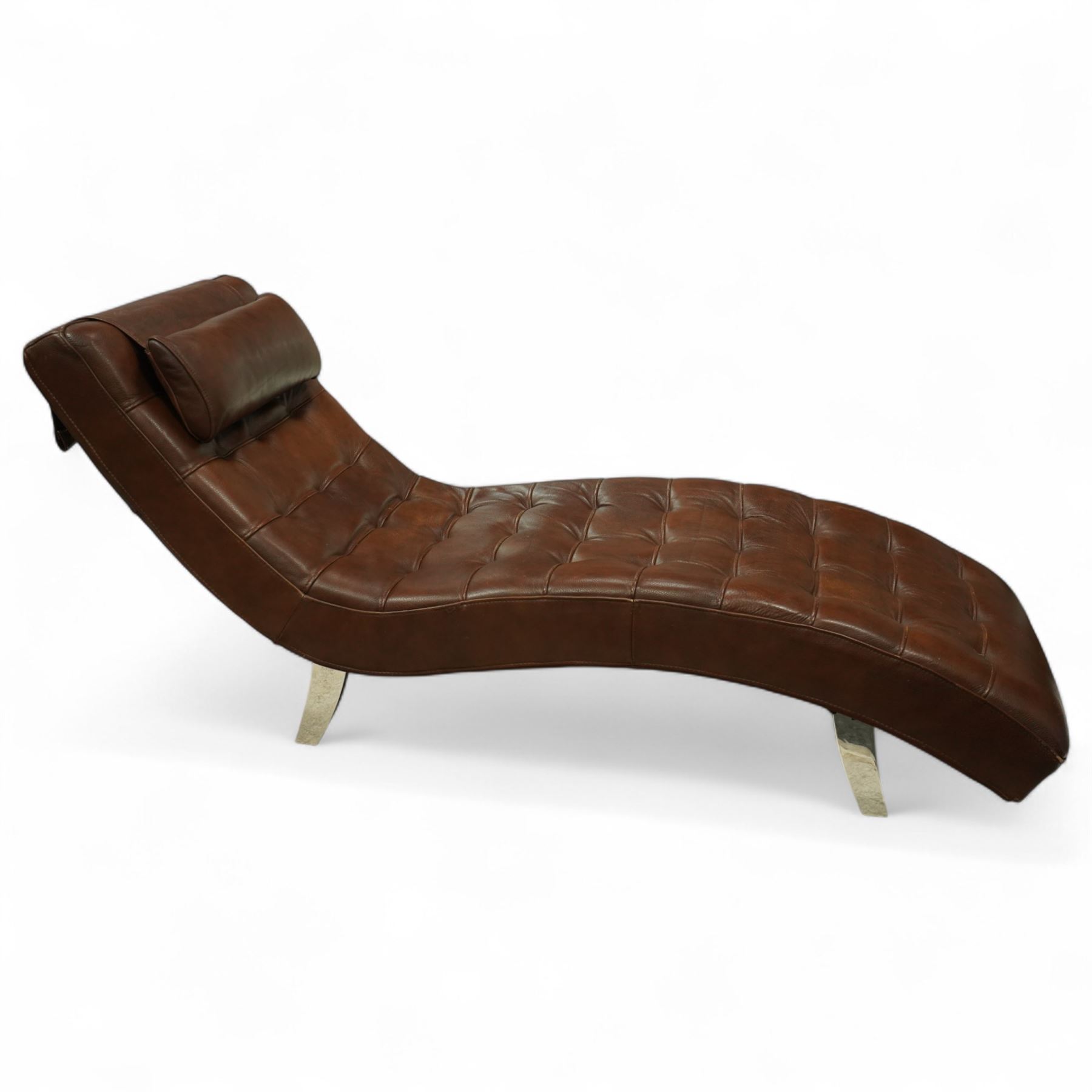 Barker & Stonehouse -stylish contemporary leather chaise longue, upholstered in brown tufted leather panels, sinuous wave-shaped frame with headrest cushion, raised on angled chrome effect legs