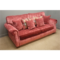  Grand sofa upholstered in a maroon velvet fabric, (W220cm) and storage stools  