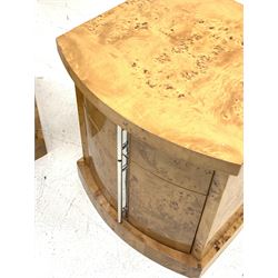 Pair Art Deco style figured maple bow front bedside cabinets, two drawers fitted with polished metal handles, W50cm, H54cm, D49cm