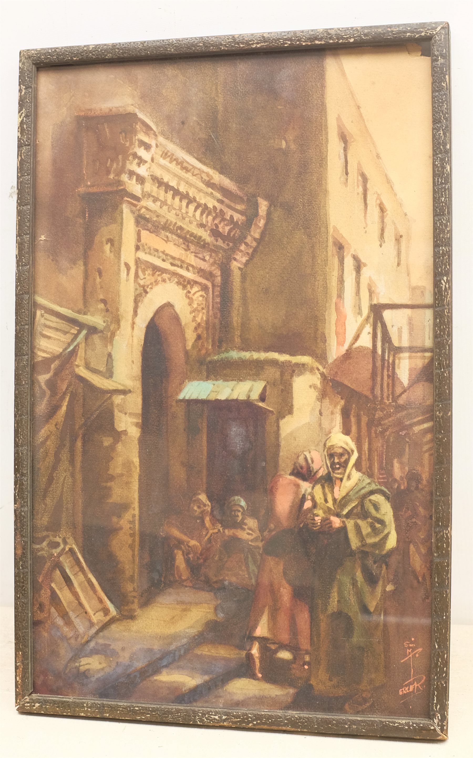 Erler (Early 20th century): Figures in a North African Street, watercolour and gouache indistinctly signed 45cm x 28cm
