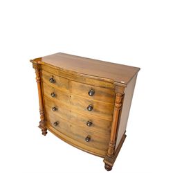 Victorian mahogany bow front chest, the frieze inlaid with Tunbridge ware type decoration, turned upright pilasters, fitted with two short and three long drawers, on turned feet