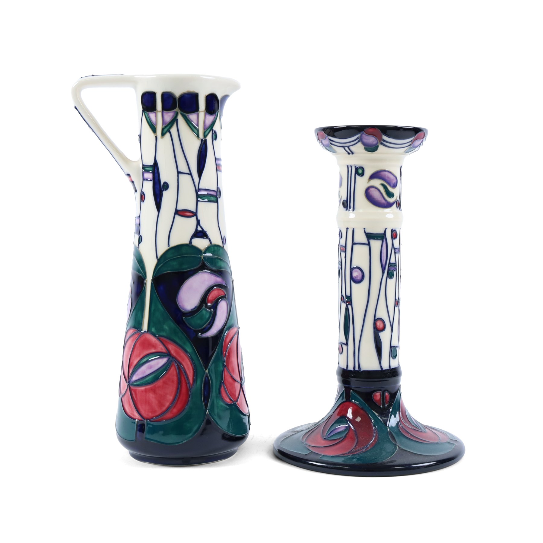 Moorcroft Tribute To Charles Rennie Mackintosh jug and candlestick, designed by Rachel Bishop, jug H24cm