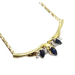 Gold marquise sapphire and diamond set necklace, stamped 9K