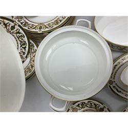 Royal Worcester Windsor pattern part tea and dinner service, comprising nine dinner plates, nine side plates, nine dessert plates, six coffee cans and saucers, sauce boat and plate, two covered tureens, oval dish and serving platter (35)