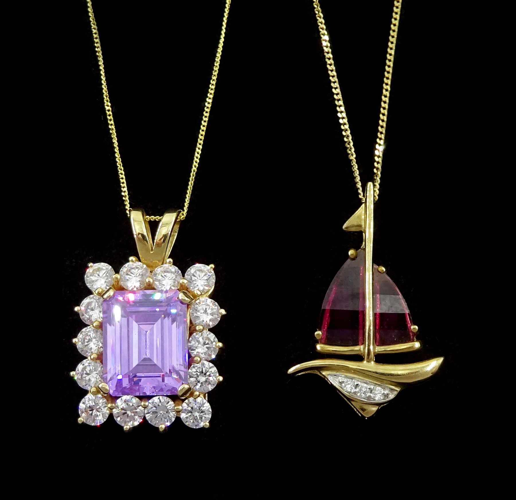 9ct gold amethyst and diamond boat pendant necklace and a 14ct gold purple and white cubic zirconia pendant necklace