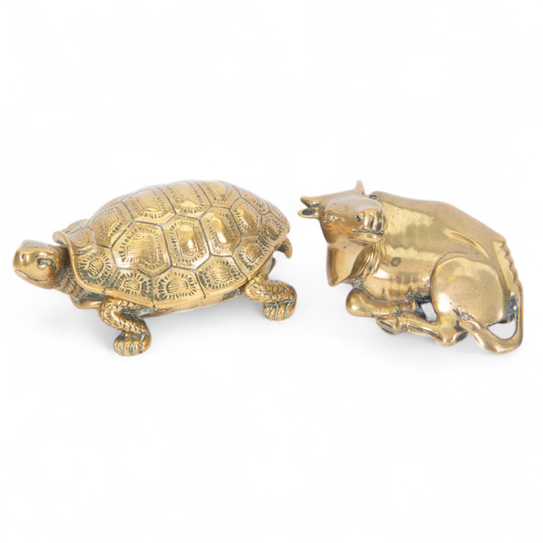 Victorian novelty cast brass inkwell, modelled as a tortoise with hinged brass carapace opening to reveal inkwell recess, L15cm, together with  a brass model of a recumbent water buffalo, L12cm