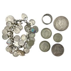 Queen Victorian 1891 crown, 1898 half crown, silver coin ring, silver coin bracelet etc