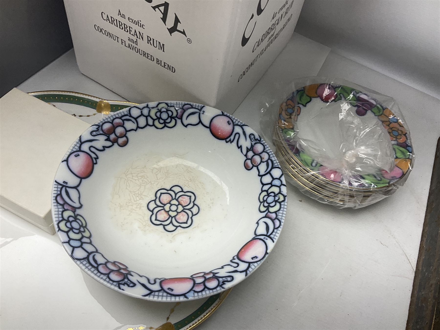 Royal Crown Derby duck, together with Emma Bridgewater mug, Coalport wall plaque and other ceramics and glassware etc, in three boxes 