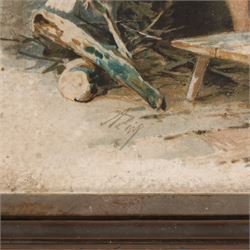 Late 19th century framed triple folding mirror, with two panels lithographed with courting scenes, H30cm, W30cm