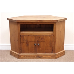  Rustic waxed pine corner television stand, two cupboard doors, plinth base, W104cm, H70cm, D45cm  