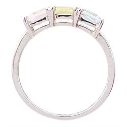 9ct white gold three stone pink, yellow and blue topaz ring, hallmarked