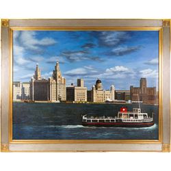English School (Late 20th century): Liverpool Docks, large oil on canvas signed C Hon 90cm x 120cm