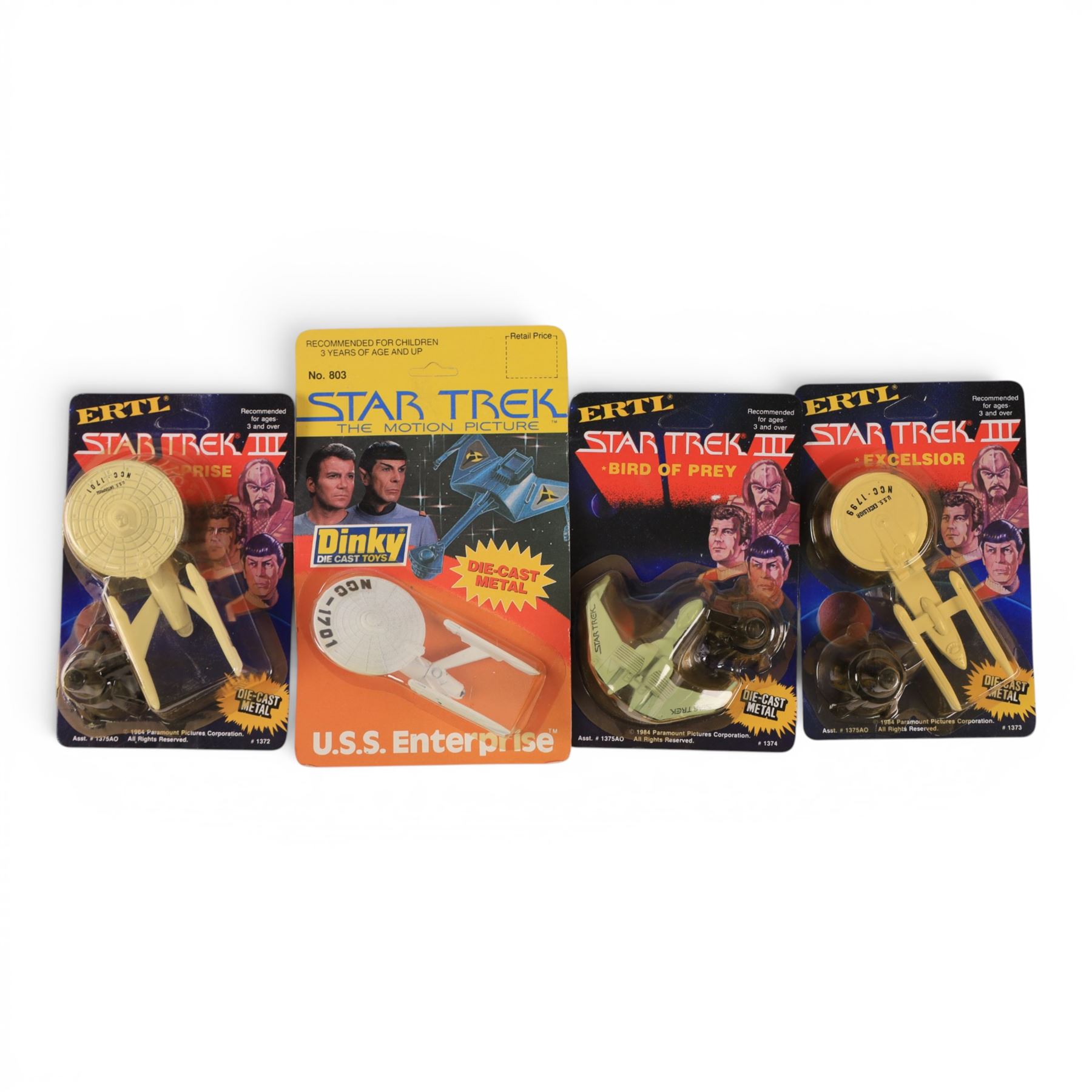 Star Trek diecast vehicles, comprising Dinky USS Enterprise, ERTL Bird of Prey, Excelsior and Enterprise, all carded and two loose Dinky models