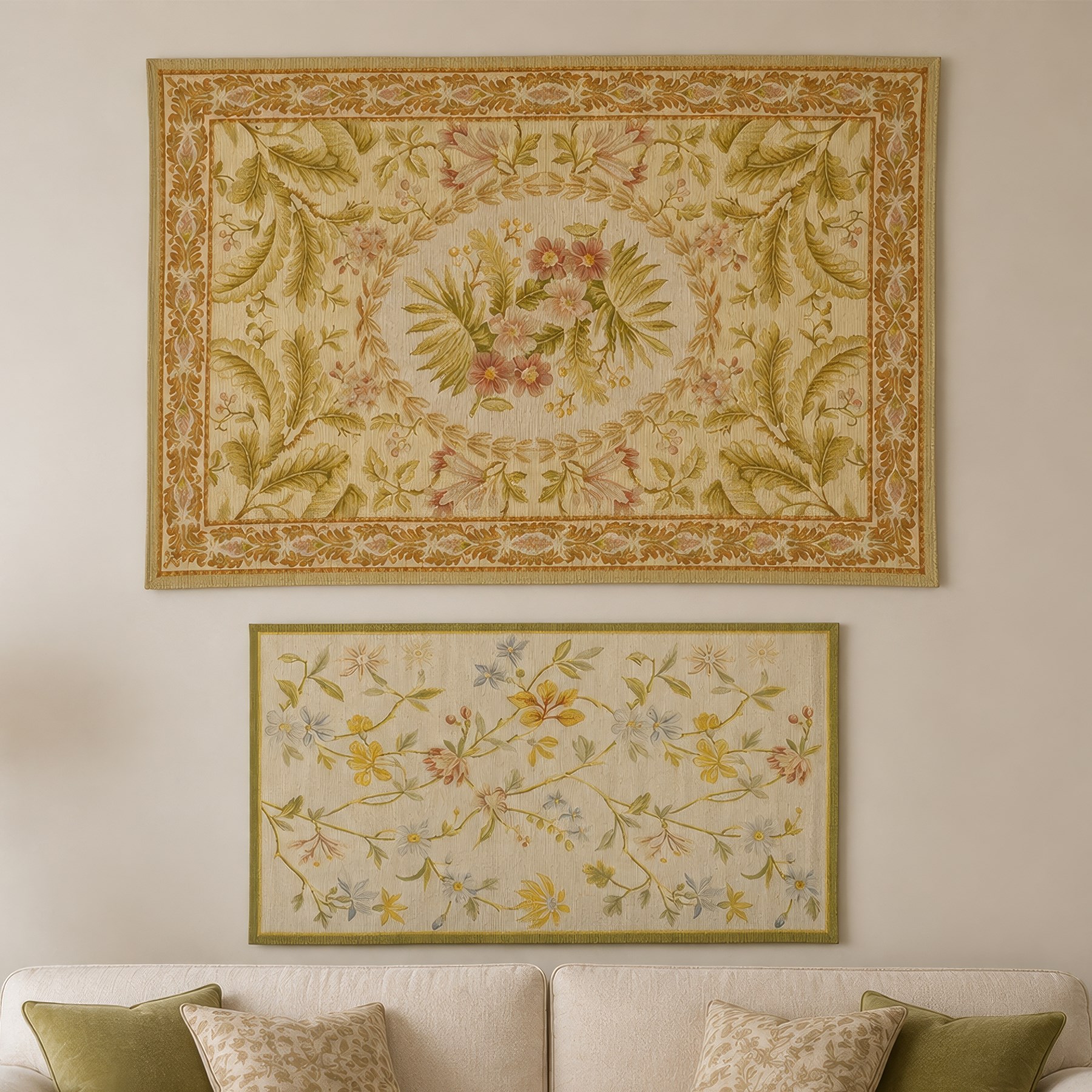 Two tapestries (Green 155cm, 91cm, 180cm, 125cm)