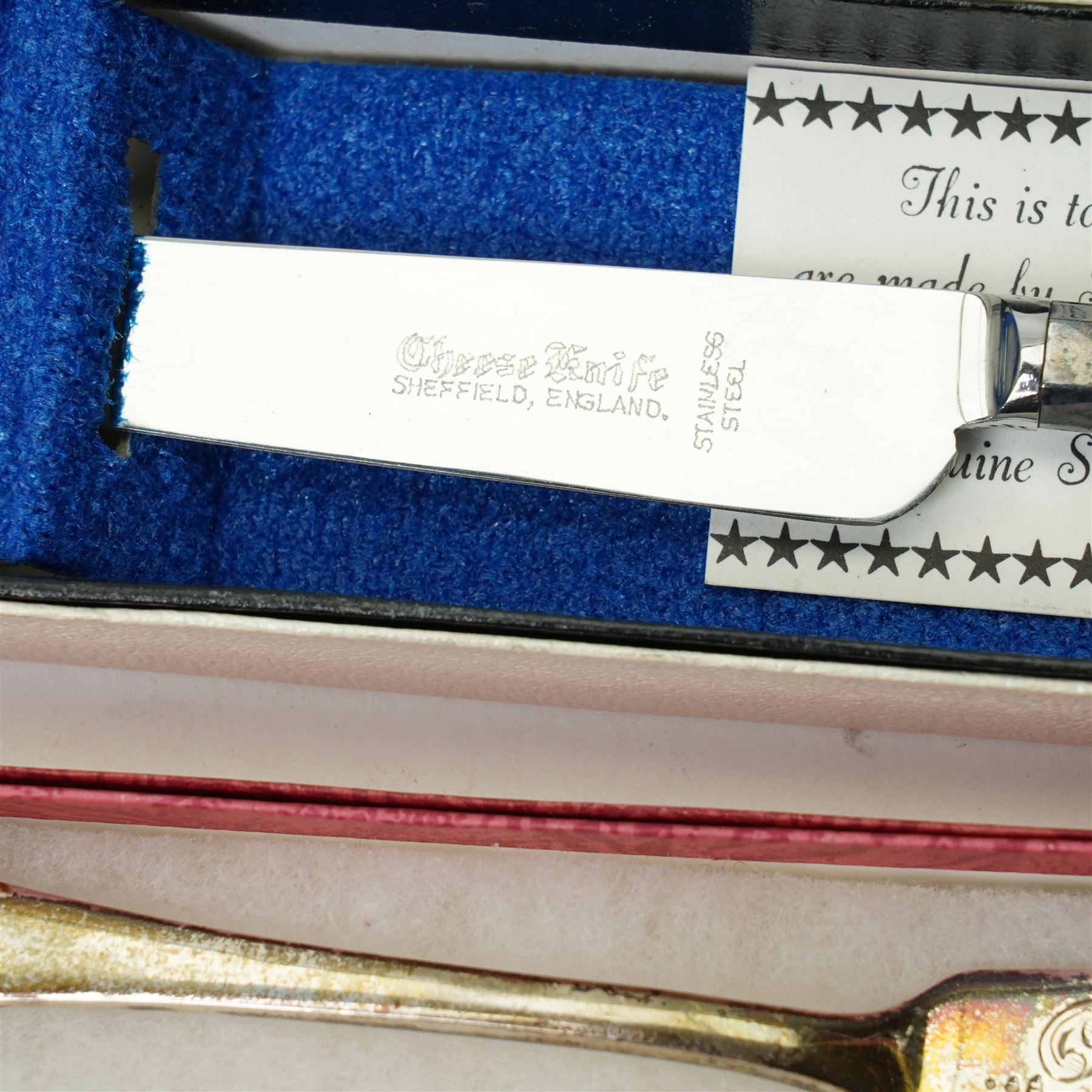 Silver fish knife, Sheffield 1915, two silver decanter labels, Whisky and Sherry, small silver circular box, three silver handled serving implements and glass jar with silver cover 