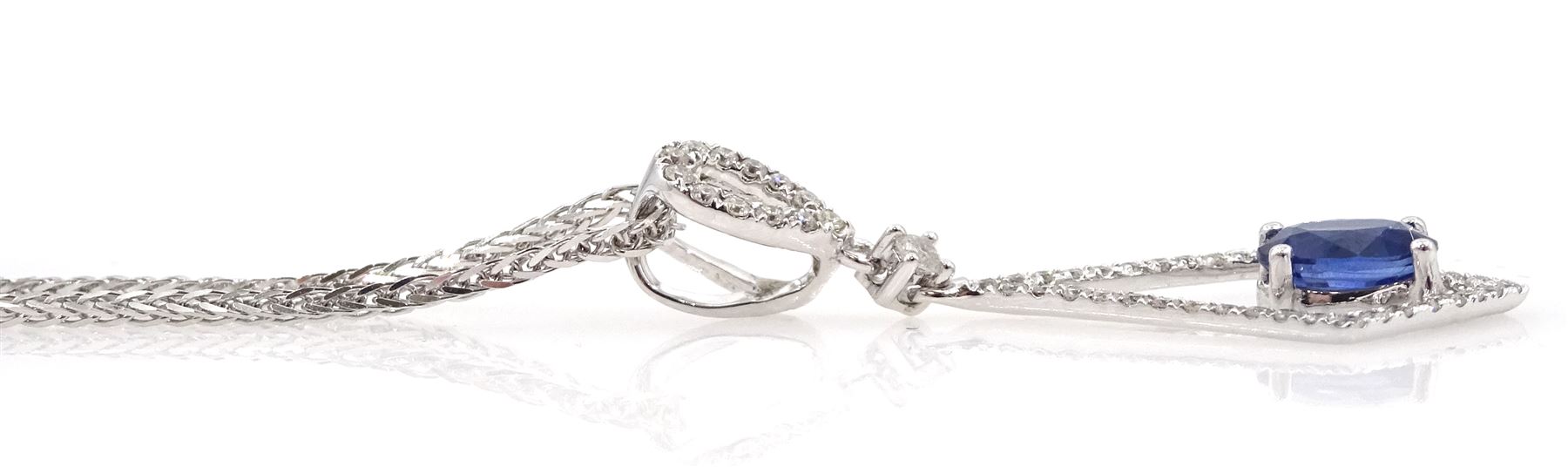 18ct white gold oval sapphire and diamond kite shaped pendant, on 9ct white gold adjustable chain necklace, both hallmarked
