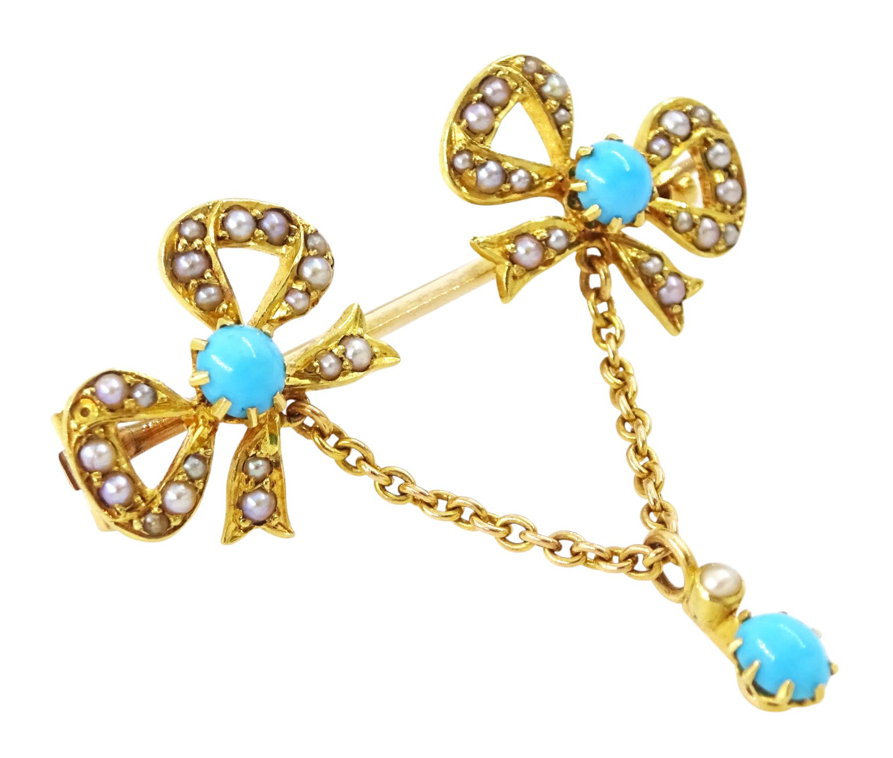Edwardian 15ct gold turquoise and pearl double bow brooch, suspending a further turquoise and seed pearl, in velvet and silk lined case
