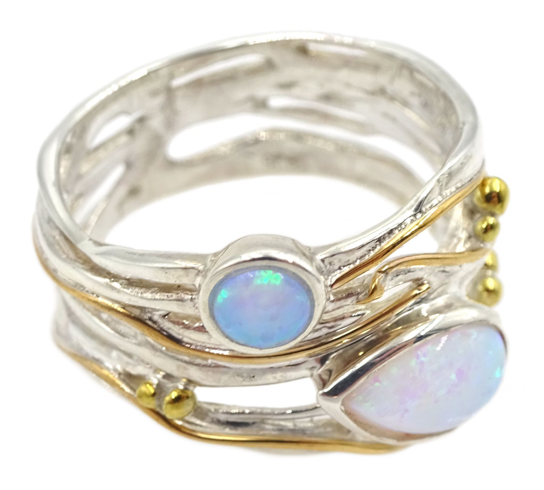 Silver 14ct gold wire round and pear shaped opal openwork ring, stamped 925 