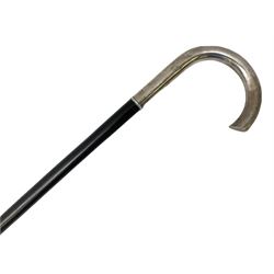 Continental silver handled walking cane, unmarked but testing around 800 standard, with engraved monogram to terminal, upon an ebonised cane, approximately H91.5cm