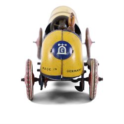 Early 20th century Lehmann tinplate clockwork 'Galop' no.760 racing car, yellow with blue stripes, driver and lithographed details, H6cm, L14cm