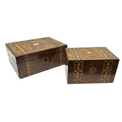 Late 19th century walnut box of hinged rectangular form with bands of geometric inlay, together with a similar larger example with mother of pearl inlaid panel, largest W30cm H13cm D23cm