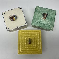 Clarice Cliff for Wilkinson Ltd Crocus Bizarre beehive honeypot painted in the Crocus pattern, together with two beehive Beswick honey pots, Poole square honey pot etc (14)