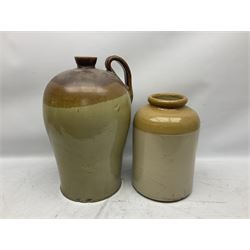 Large 19th century stoneware flagon with loop handle and tapering body, together with three stoneware jars, two stoneware bottles impressed Beverley and a BOLS V.O. Genever Gin bottle, largest H47.5cm
