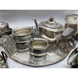 Group of silver plate, to include twin handled trophy cup upon black Bakelite plinth, Mappin & Webb five bar toast rack, pair of telescopic candlesticks, pedestal dish, twin handled tray, various tea wares, etc.