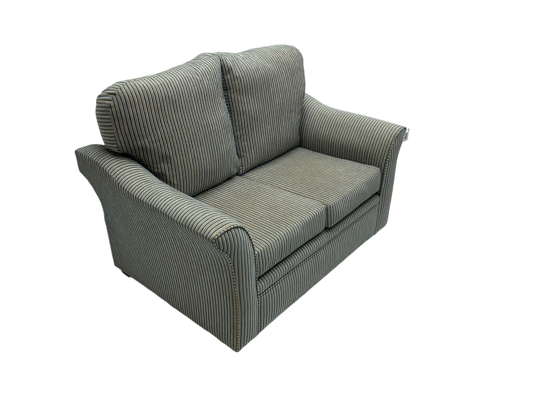 Two seater sofa, upholstered in blue stripe fabric with scrolled arms