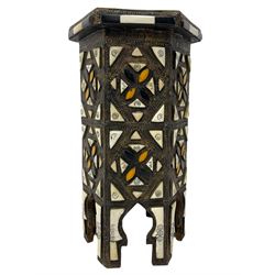Early 20th century hardwood and camel bone occasional table, possibly Moorish, decorated with applied embossed metal and geometric mounts