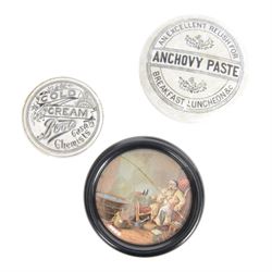  Collection of 19th century and later ointment jars, pots and lids, including Burgess's Anchovy paste, Woods Areca Toothpaste, Boots Cold Cream and framed Prattware pot lids
