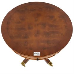 Wade - Georgian design yew wood drum side table, banded circular top with reeded edge, fitted with single cock-beaded drawer, raised on turned pedestal with splayed supports and castors