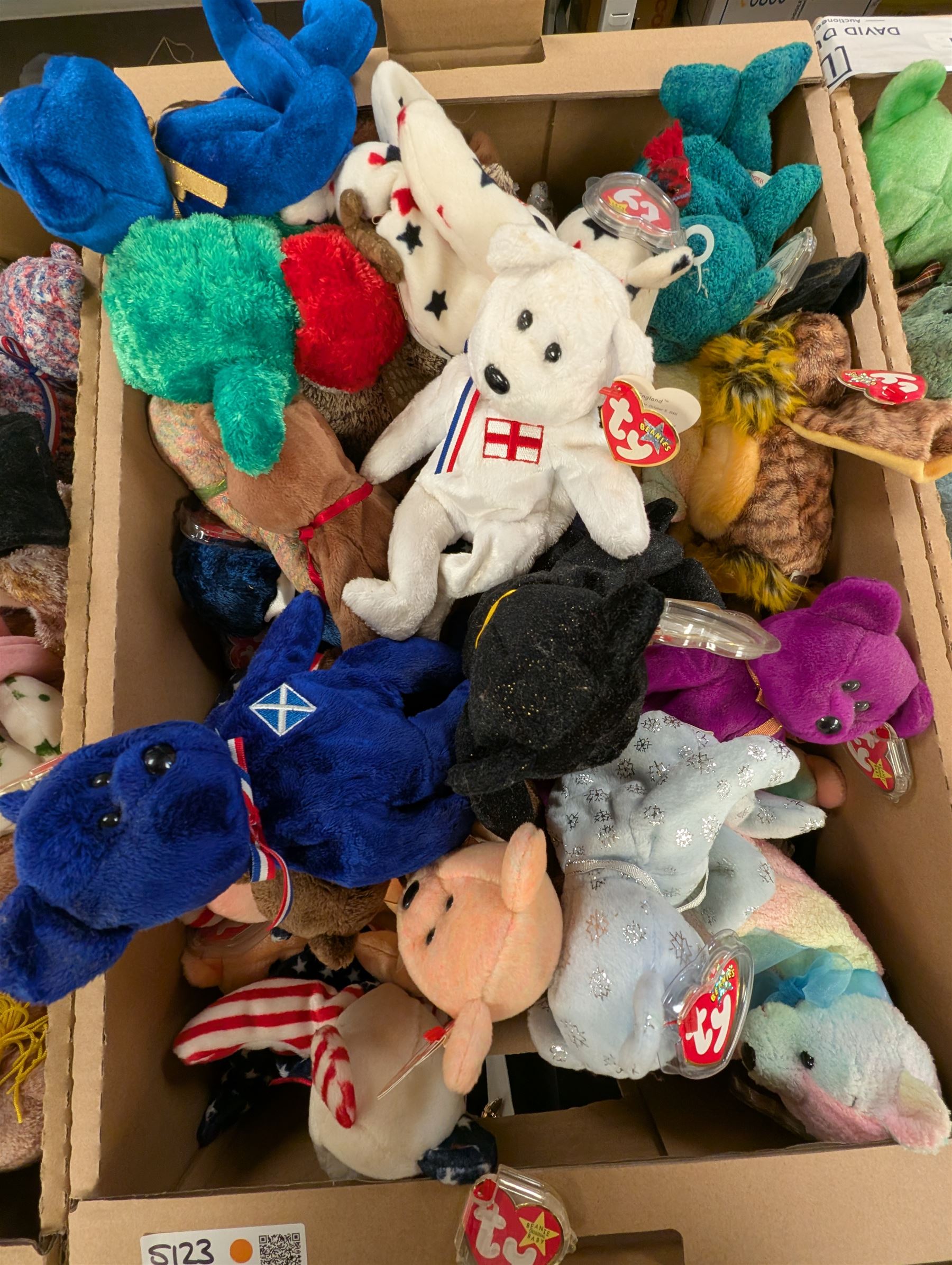 Large collection of TY Beanie Babies, including Princess the Bear, set of thirty two 2002 Fifa World cup bears, etc, mostly with tags in tag protectors, in seven boxes