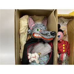 Pelham Puppets - Wolf, Fritzi and Cat in yellow boxes; and Wicked Witch and Witch in yellow window boxes (5)