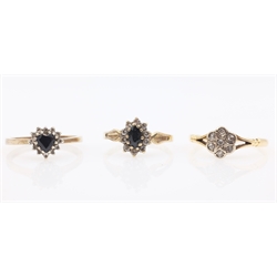  Two gold sapphire and diamond cluster rings hallmarked 9ct and gold diamond shield set ring stamped 18ct  