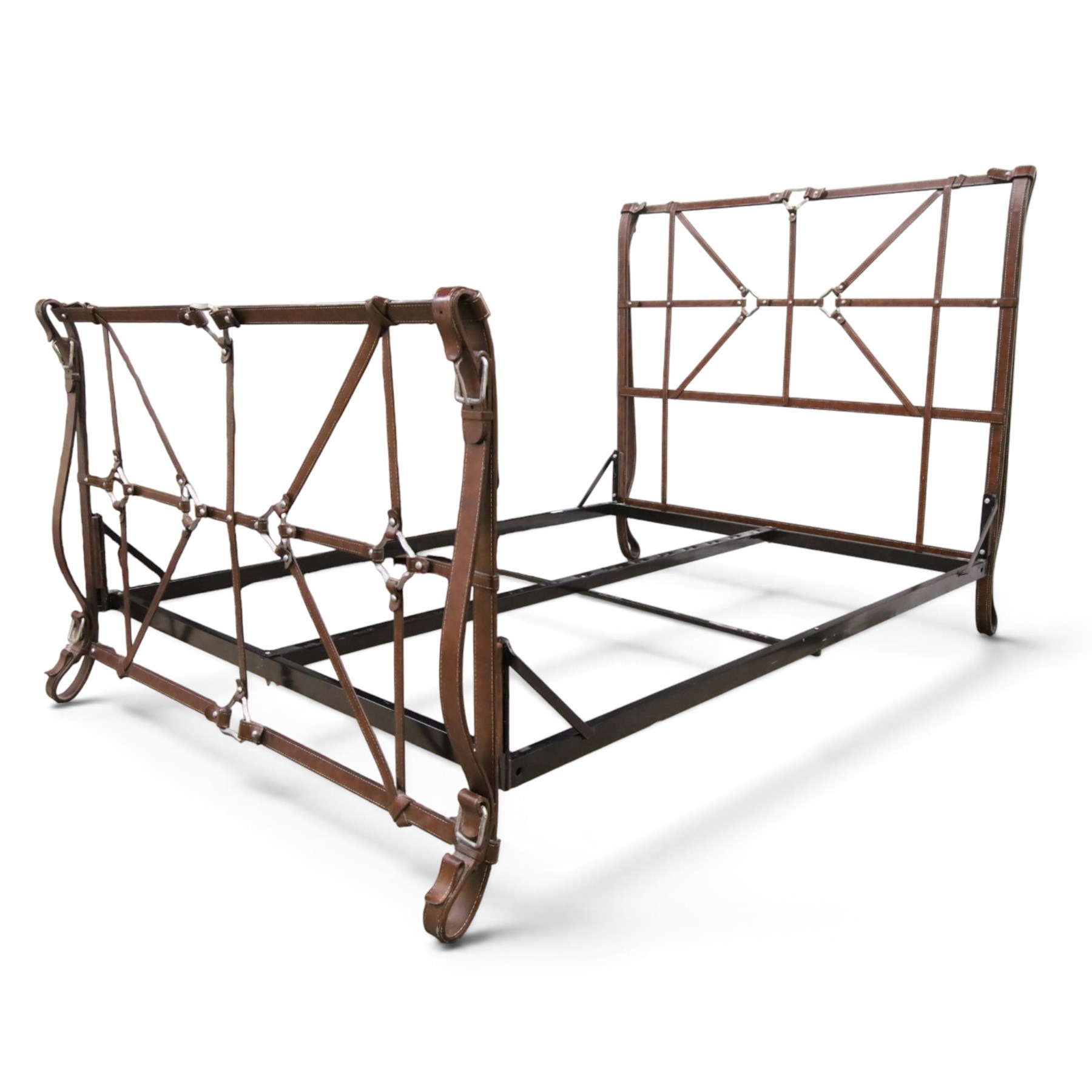And So To Bed - 'Handel' double bed in the style of Jacques Adnet for Hermes, the metal head and footboards with equestrian tack style leather covering